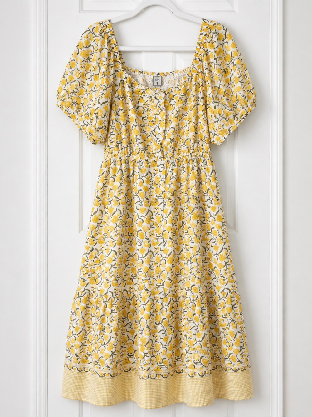 White Midi Dress with Yellow Floral Print - Women's